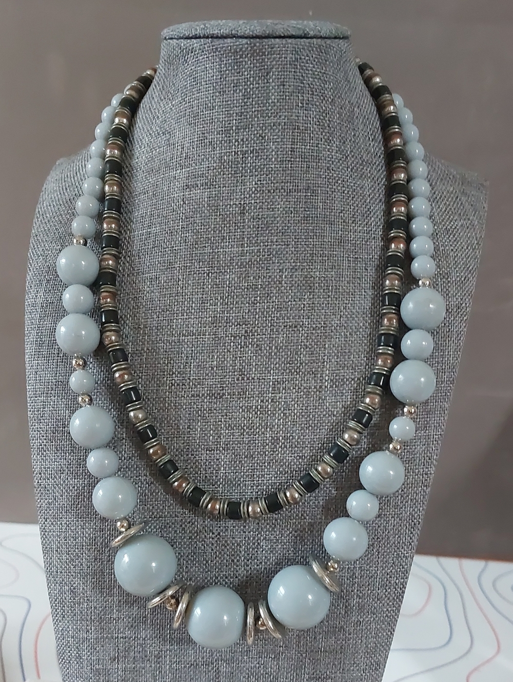 Vintage Gray Chunky Acrylic & Black Silver Metal Layering Necklace Set Lot